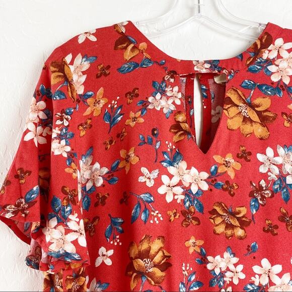 Anthropologie Elodie Short Sleeve Popover Top Blouse Red Floral Small - Picture 3 of 7
